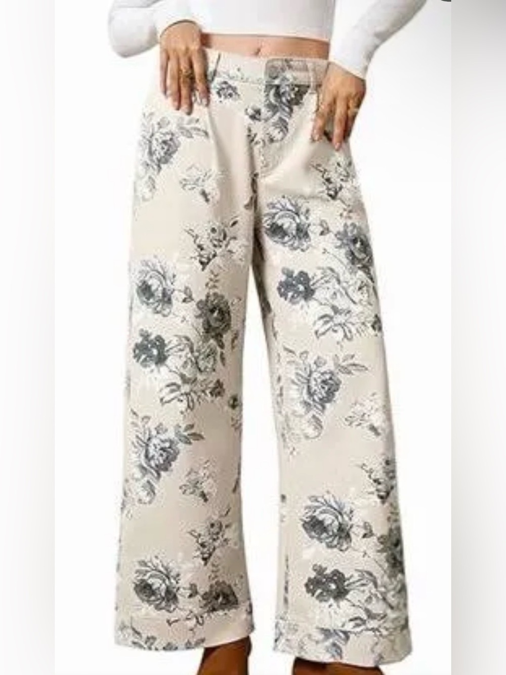 Floral Wide-Leg Gray Printed Pants
